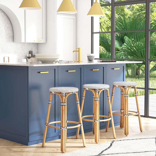 Butler Specialty Company - Tobias 30 in. Seat Height Rattan Round Backless Bar Height Stool with Footrest, Navy/White Dot - 9370222