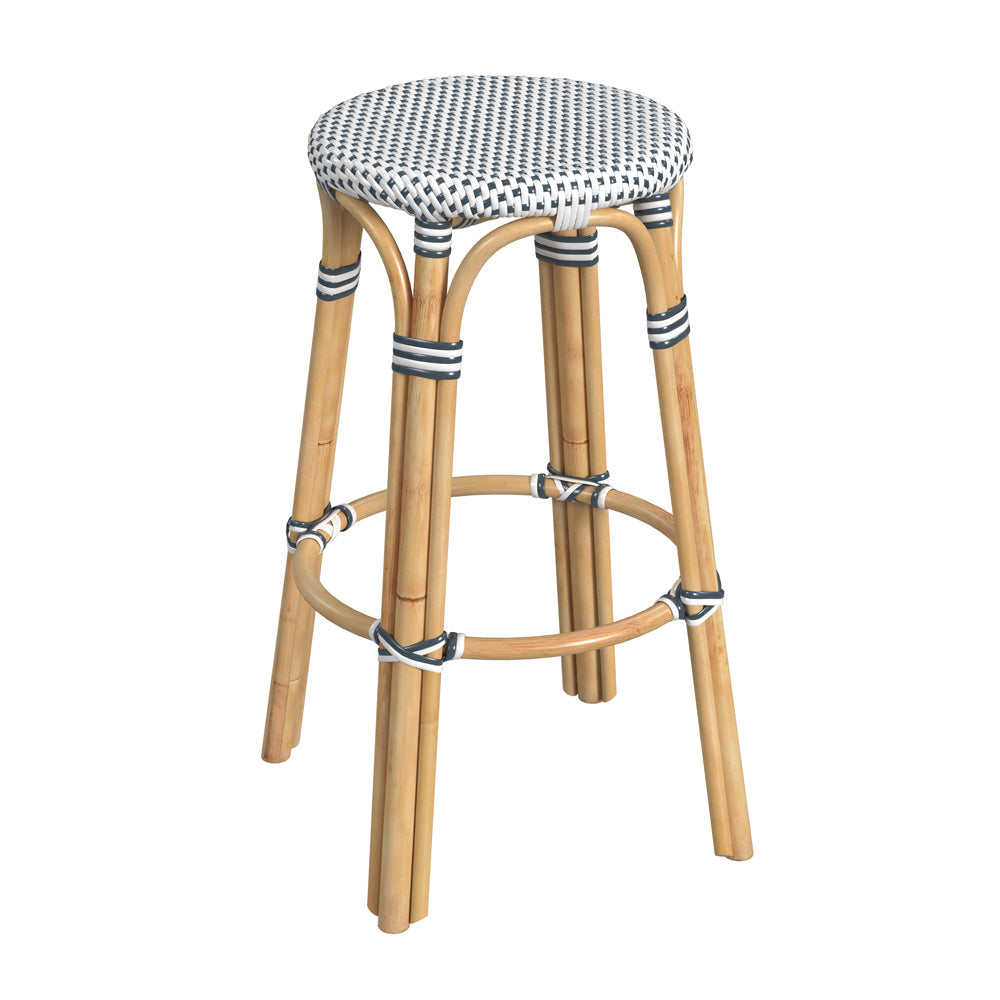 Butler Specialty Company - Tobias 30 in. Seat Height Rattan Round Backless Bar Height Stool with Footrest, Navy/White Dot - 9370222