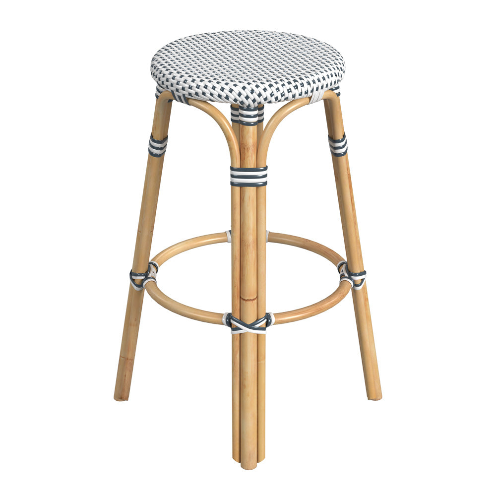 Butler Specialty Company - Tobias 30 in. Seat Height Rattan Round Backless Bar Height Stool with Footrest, Navy/White Dot - 9370222