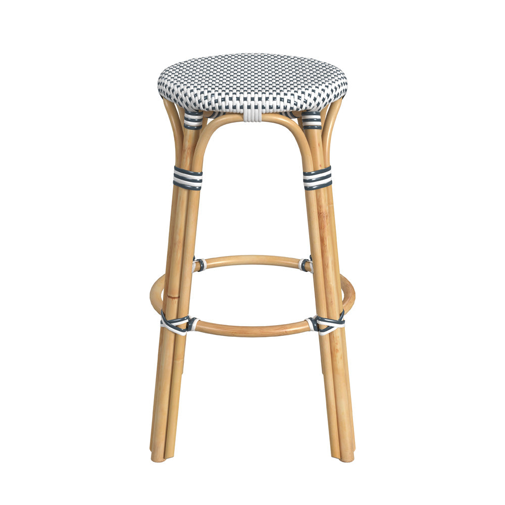 Butler Specialty Company - Tobias 30 in. Seat Height Rattan Round Backless Bar Height Stool with Footrest, Navy/White Dot - 9370222