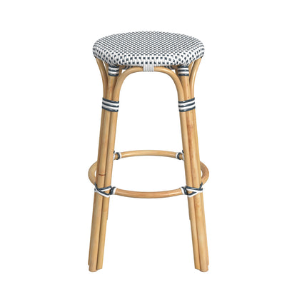 Butler Specialty Company - Tobias 30 in. Seat Height Rattan Round Backless Bar Height Stool with Footrest, Navy/White Dot - 9370222