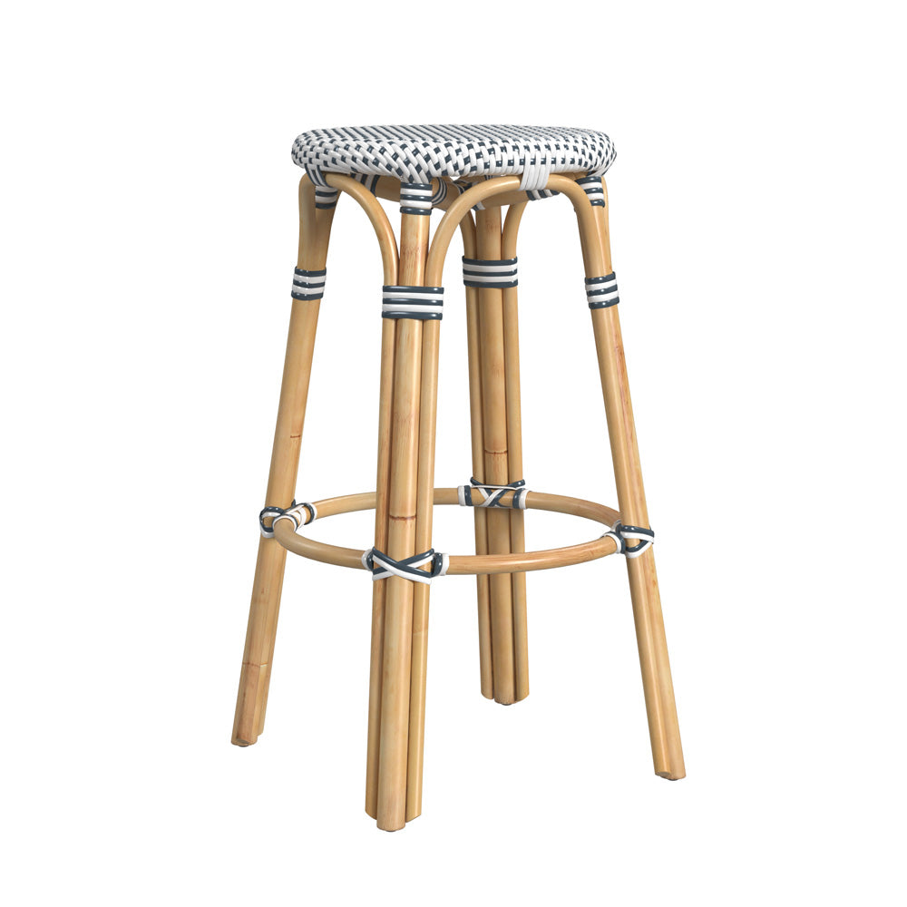 Butler Specialty Company - Tobias 30 in. Seat Height Rattan Round Backless Bar Height Stool with Footrest, Navy/White Dot - 9370222