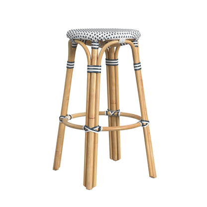 Butler Specialty Company - Tobias 30 in. Seat Height Rattan Round Backless Bar Height Stool with Footrest, Navy/White Dot - 9370222