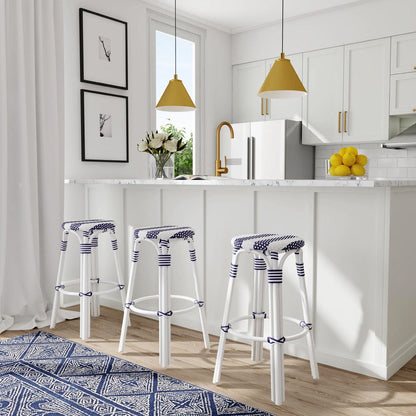 Butler Specialty Company - Tobias 30 in. Seat Height Rattan Round Backless Bar Height Stool with Footrest, Navy/White Stripe - 9370035_CLOSEOUT