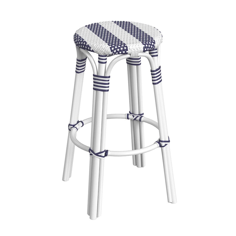 Butler Specialty Company - Tobias 30 in. Seat Height Rattan Round Backless Bar Height Stool with Footrest, Navy/White Stripe - 9370035_CLOSEOUT