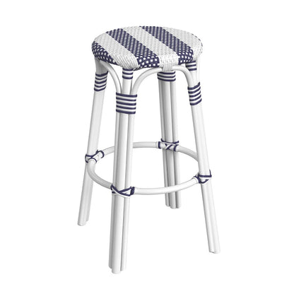 Butler Specialty Company - Tobias 30 in. Seat Height Rattan Round Backless Bar Height Stool with Footrest, Navy/White Stripe - 9370035_CLOSEOUT