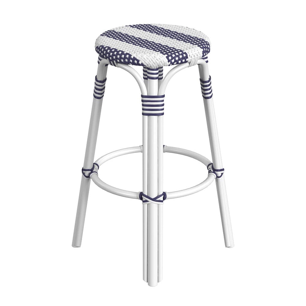 Butler Specialty Company - Tobias 30 in. Seat Height Rattan Round Backless Bar Height Stool with Footrest, Navy/White Stripe - 9370035_CLOSEOUT