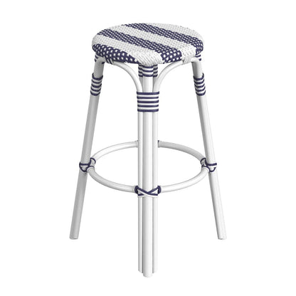 Butler Specialty Company - Tobias 30 in. Seat Height Rattan Round Backless Bar Height Stool with Footrest, Navy/White Stripe - 9370035_CLOSEOUT