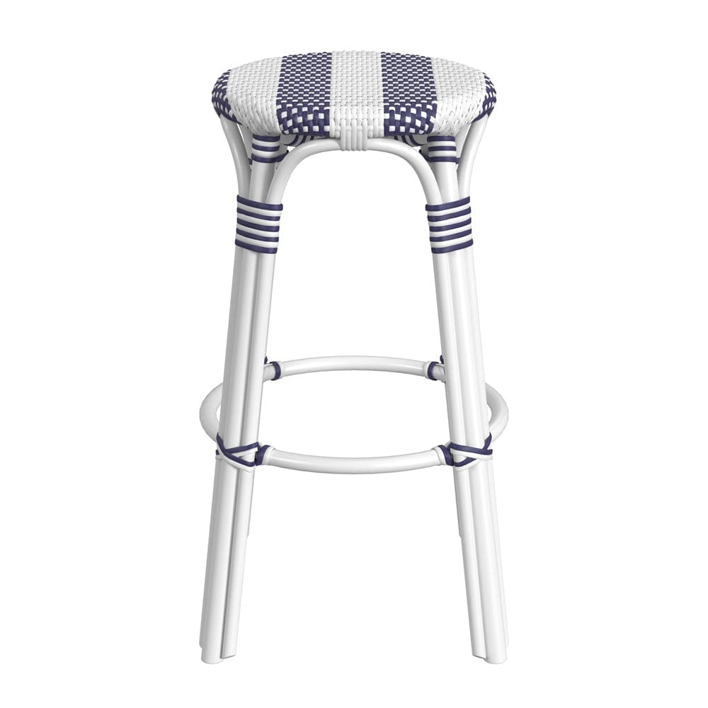 Butler Specialty Company - Tobias 30 in. Seat Height Rattan Round Backless Bar Height Stool with Footrest, Navy/White Stripe - 9370035_CLOSEOUT
