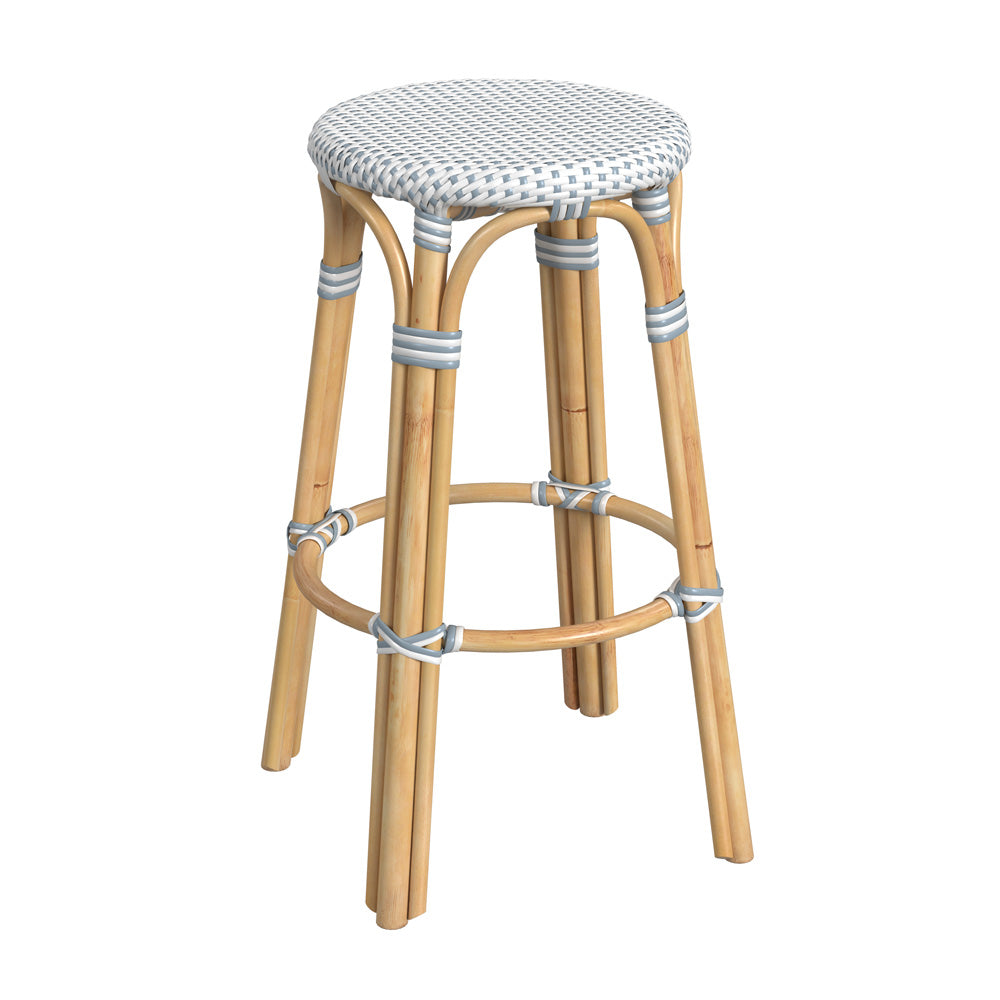 Butler Specialty Company - Tobias 30 in. Seat Height Rattan Round Backless Bar Height Stool with Footrest, Sky Blue/White Dot - 9370194
