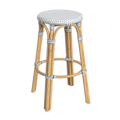 Butler Specialty Company - Tobias 30 in. Seat Height Rattan Round Backless Bar Height Stool with Footrest, Sky Blue/White Dot - 9370194