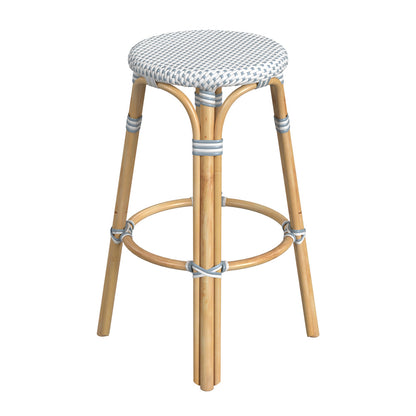 Butler Specialty Company - Tobias 30 in. Seat Height Rattan Round Backless Bar Height Stool with Footrest, Sky Blue/White Dot - 9370194