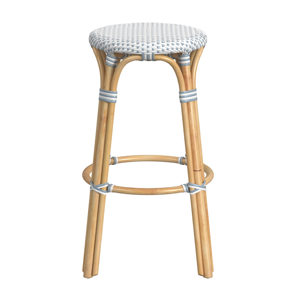 Butler Specialty Company - Tobias 30 in. Seat Height Rattan Round Backless Bar Height Stool with Footrest, Sky Blue/White Dot - 9370194