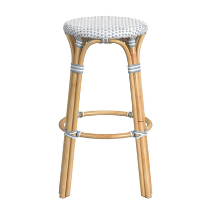 Butler Specialty Company - Tobias 30 in. Seat Height Rattan Round Backless Bar Height Stool with Footrest, Sky Blue/White Dot - 9370194