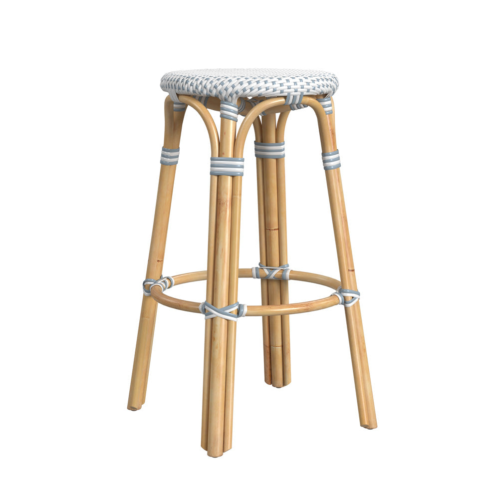 Butler Specialty Company - Tobias 30 in. Seat Height Rattan Round Backless Bar Height Stool with Footrest, Sky Blue/White Dot - 9370194