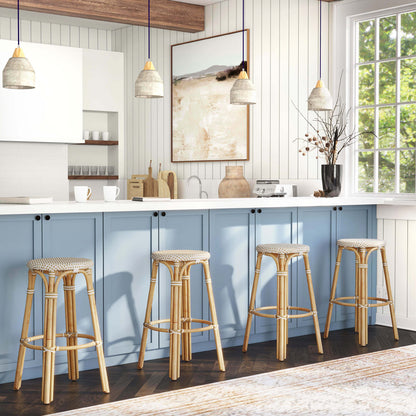 Butler Specialty Company - Tobias 30 in. Seat Height Rattan Round Backless Bar Height Stool with Footrest, Tan/White Dot - 9370415