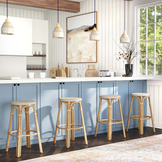 Butler Specialty Company - Tobias 30 in. Seat Height Rattan Round Backless Bar Height Stool with Footrest, Tan/White Dot - 9370415