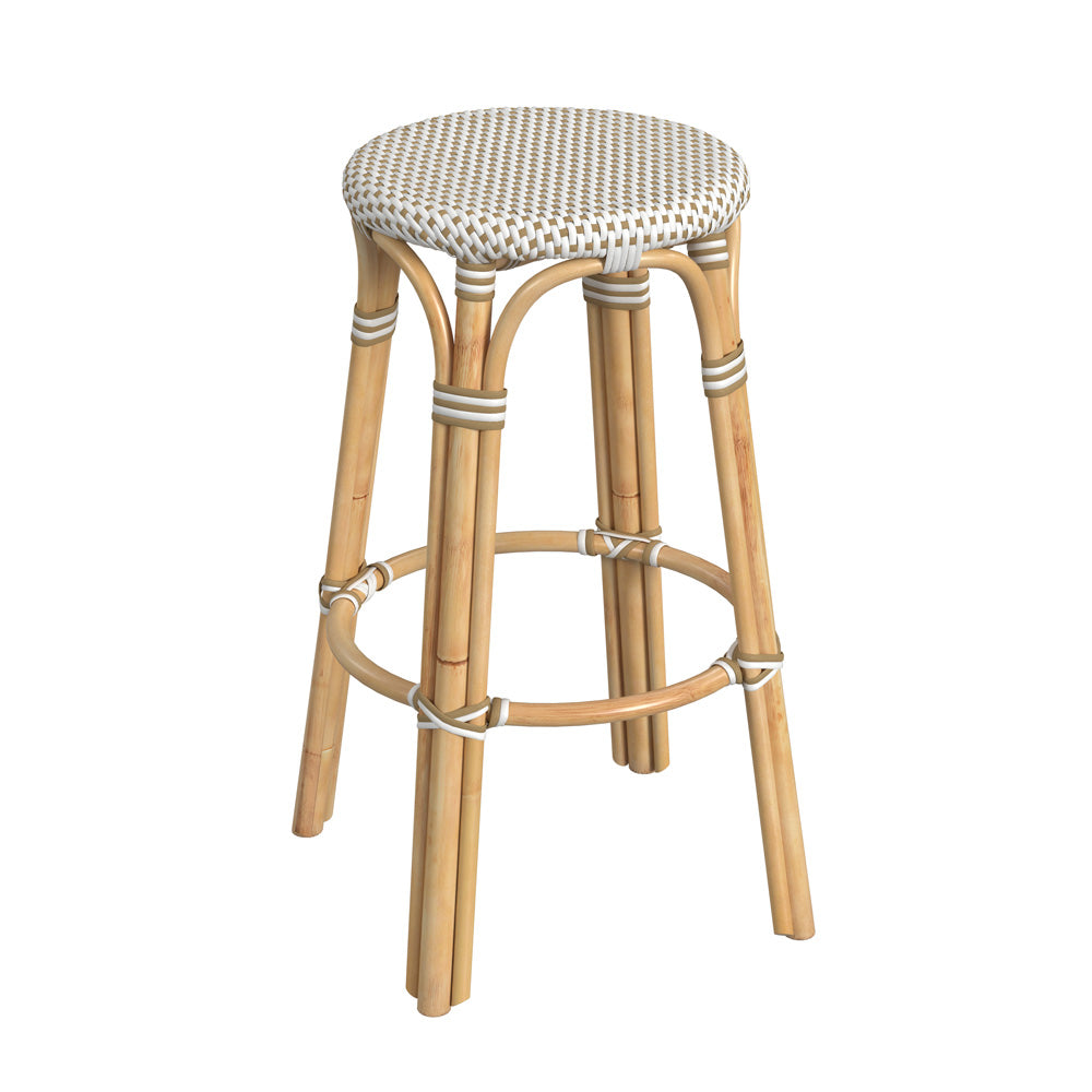 Butler Specialty Company - Tobias 30 in. Seat Height Rattan Round Backless Bar Height Stool with Footrest, Tan/White Dot - 9370415