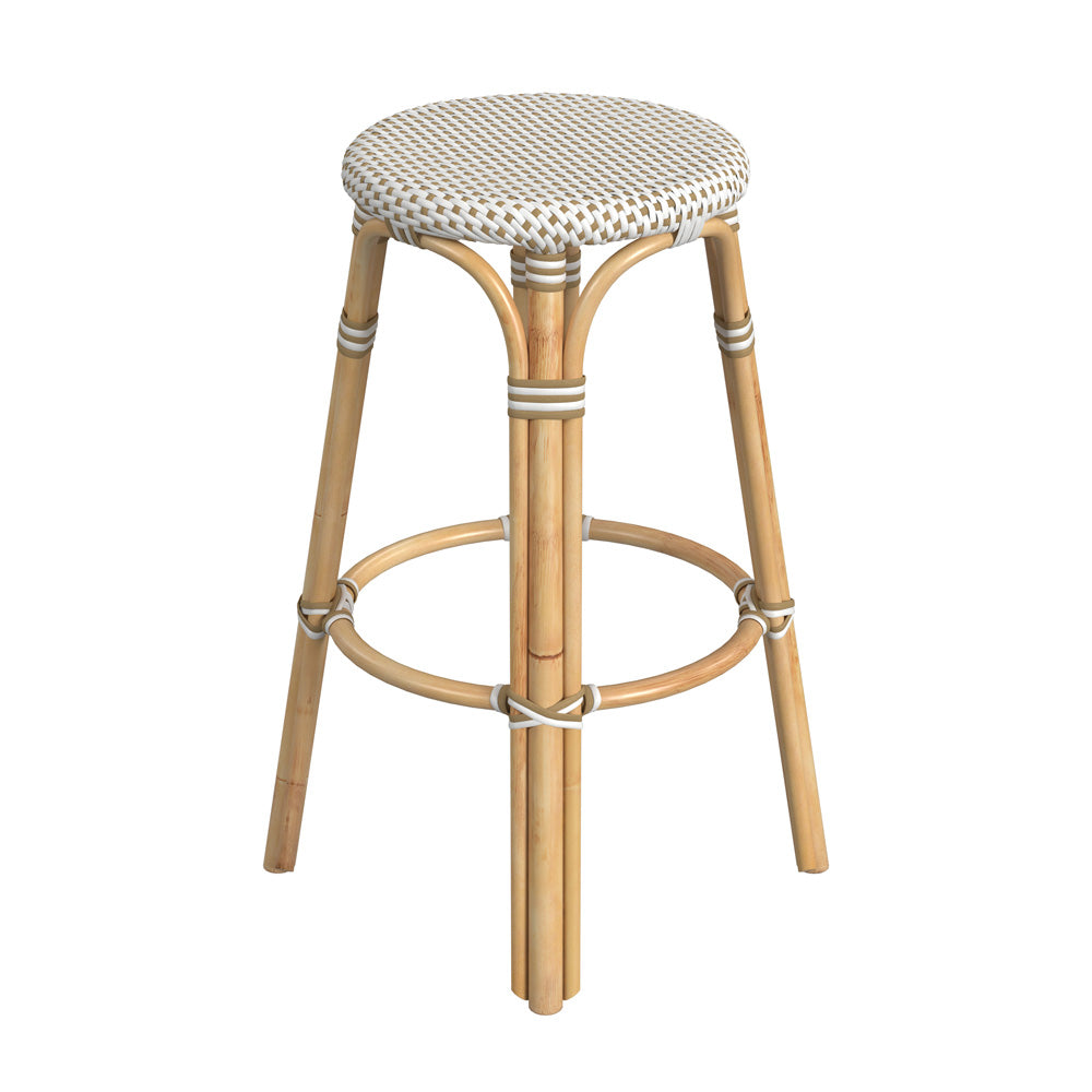 Butler Specialty Company - Tobias 30 in. Seat Height Rattan Round Backless Bar Height Stool with Footrest, Tan/White Dot - 9370415