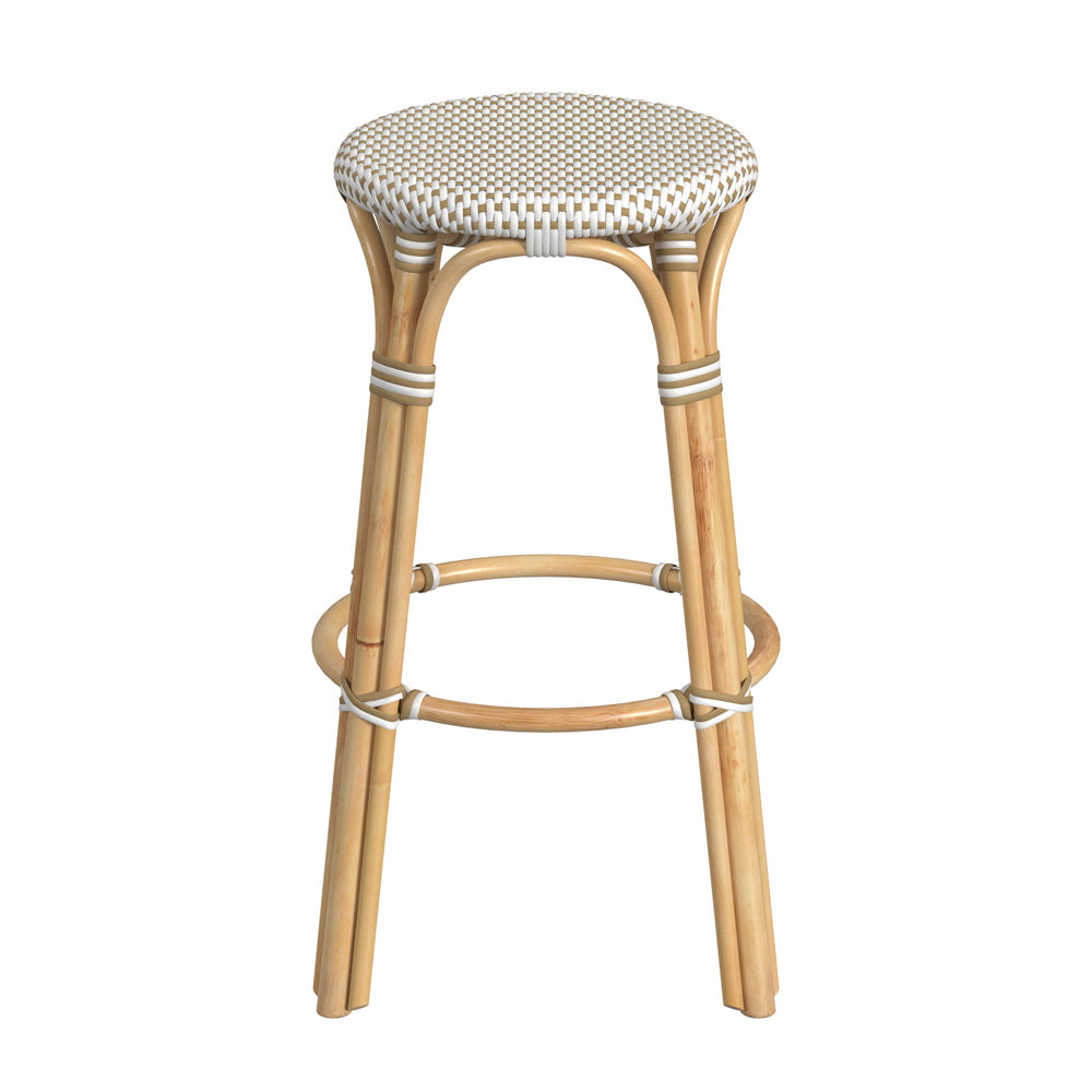 Butler Specialty Company - Tobias 30 in. Seat Height Rattan Round Backless Bar Height Stool with Footrest, Tan/White Dot - 9370415