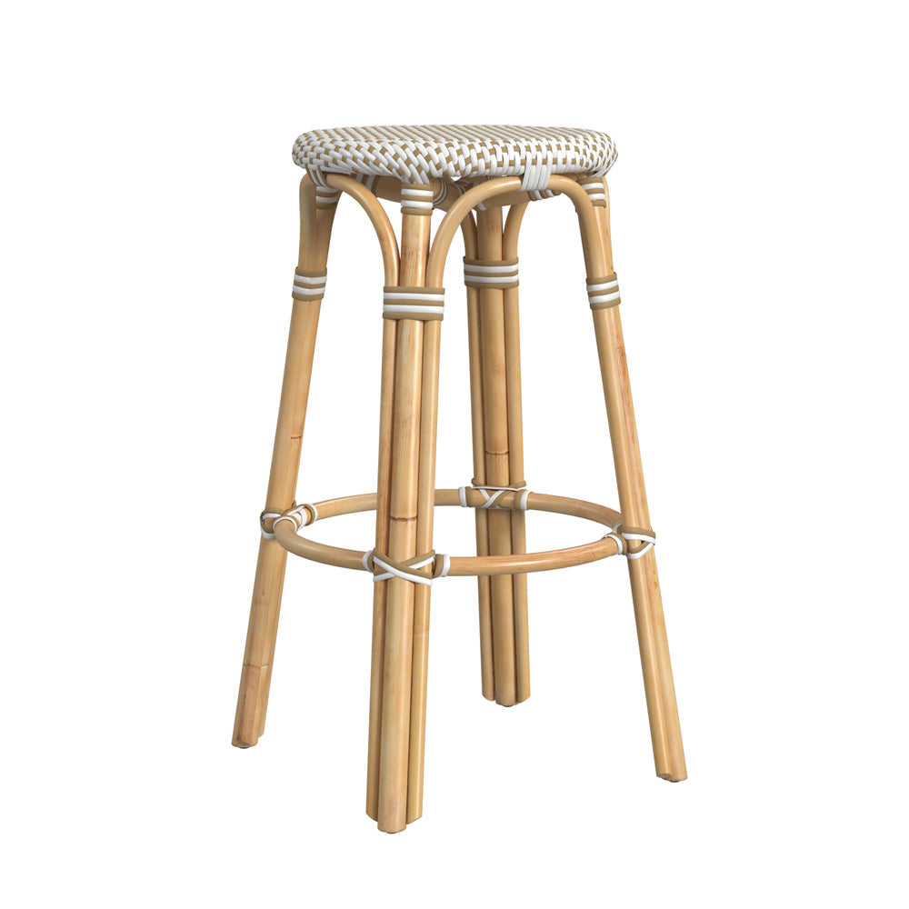 Butler Specialty Company - Tobias 30 in. Seat Height Rattan Round Backless Bar Height Stool with Footrest, Tan/White Dot - 9370415