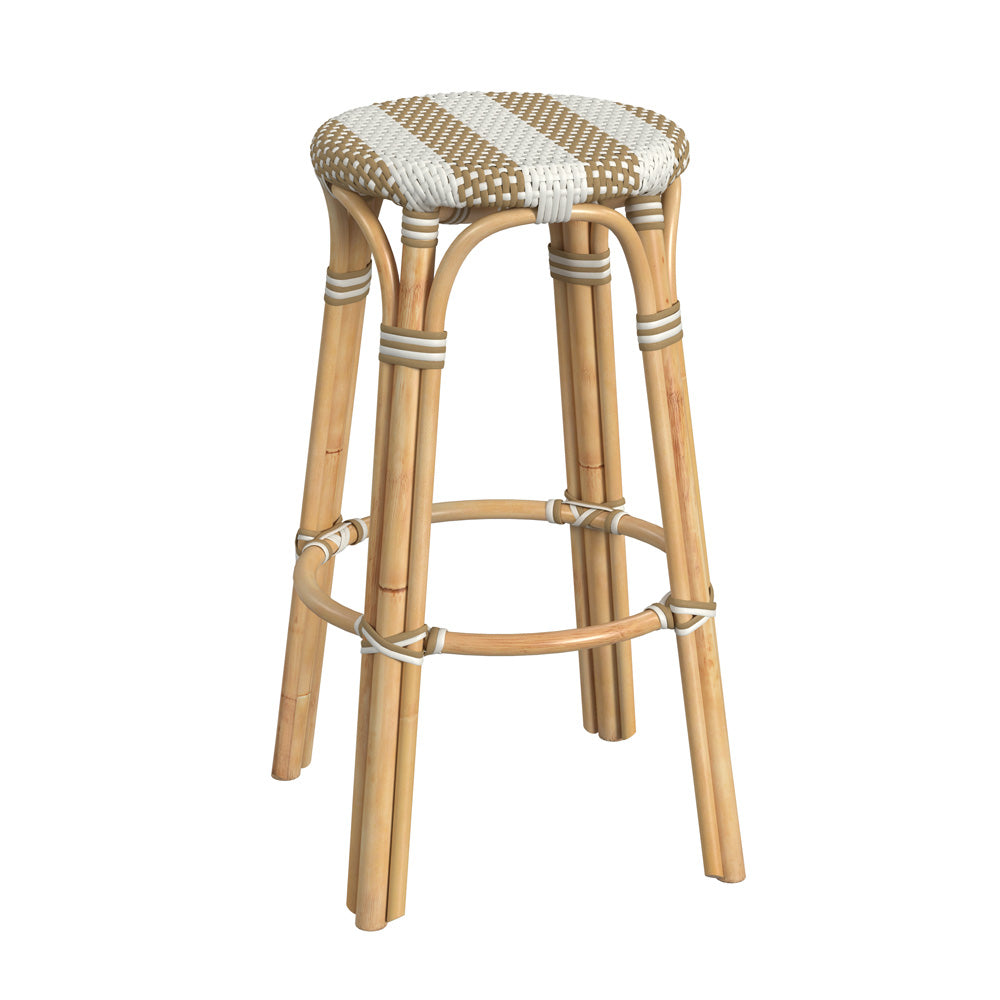 Butler Specialty Company - Tobias 30 in. Seat Height Rattan Round Backless Bar Height Stool with Footrest, Tan/White Stripe - 9370984