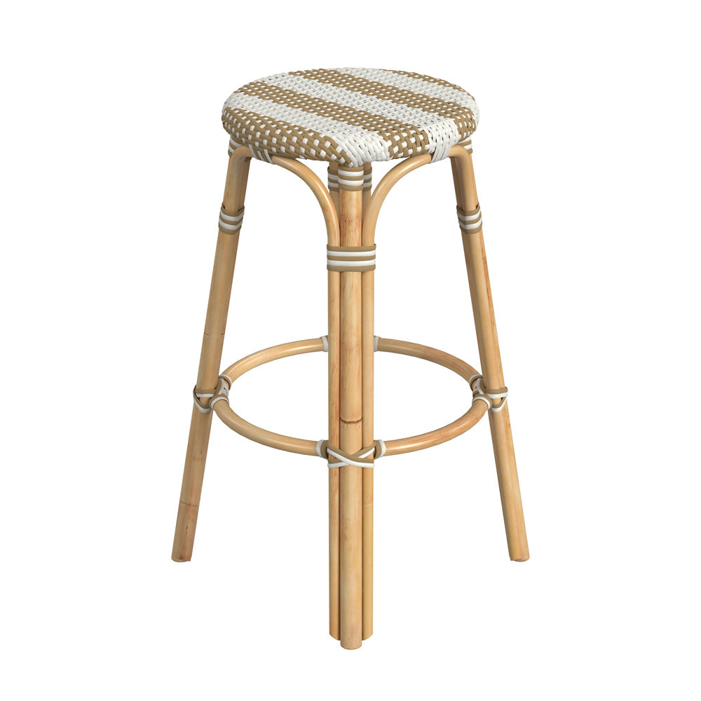 Butler Specialty Company - Tobias 30 in. Seat Height Rattan Round Backless Bar Height Stool with Footrest, Tan/White Stripe - 9370984