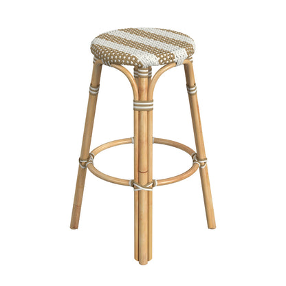 Butler Specialty Company - Tobias 30 in. Seat Height Rattan Round Backless Bar Height Stool with Footrest, Tan/White Stripe - 9370984