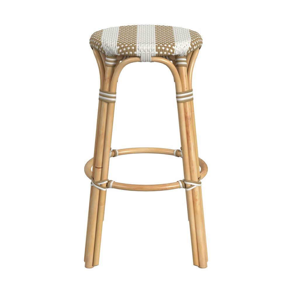 Butler Specialty Company - Tobias 30 in. Seat Height Rattan Round Backless Bar Height Stool with Footrest, Tan/White Stripe - 9370984