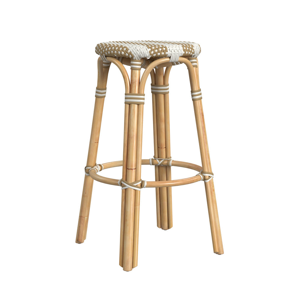 Butler Specialty Company - Tobias 30 in. Seat Height Rattan Round Backless Bar Height Stool with Footrest, Tan/White Stripe - 9370984