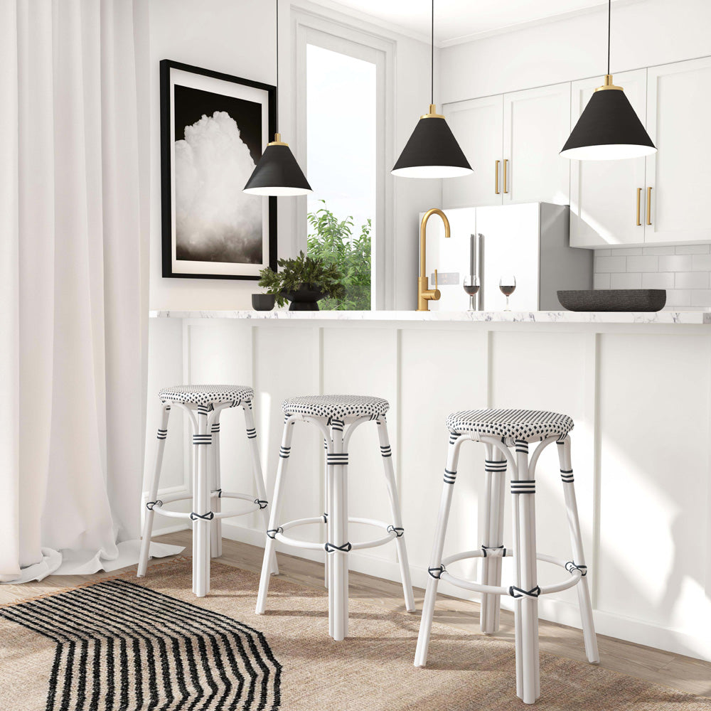 Butler Specialty Company - Tobias 30 in. Seat Height Rattan Round Backless Bar Height Stool with Footrest, White/Black Dot - 9370288_CLOSEOUT