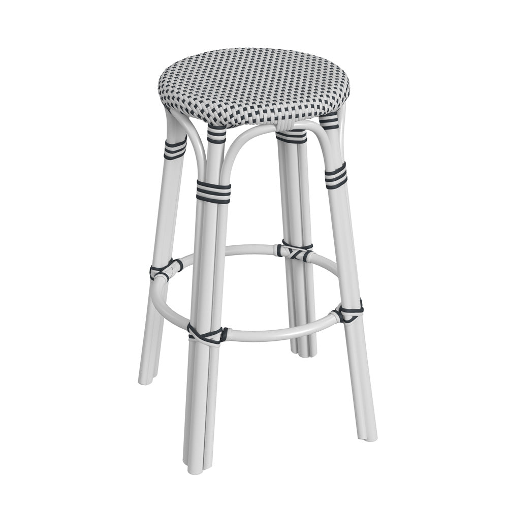Butler Specialty Company - Tobias 30 in. Seat Height Rattan Round Backless Bar Height Stool with Footrest, White/Black Dot - 9370288_CLOSEOUT