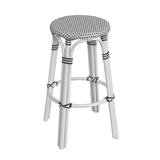Butler Specialty Company - Tobias 30 in. Seat Height Rattan Round Backless Bar Height Stool with Footrest, White/Black Dot - 9370288_CLOSEOUT