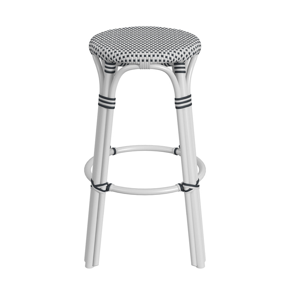 Butler Specialty Company - Tobias 30 in. Seat Height Rattan Round Backless Bar Height Stool with Footrest, White/Black Dot - 9370288_CLOSEOUT