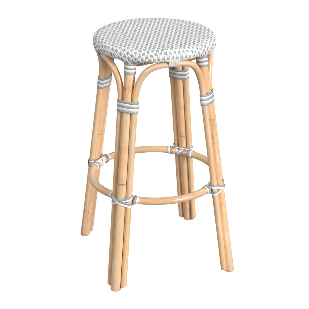 Butler Specialty Company - Tobias 30 in. Seat Height Rattan Round Backless Bar Height Stool with Footrest, White/Gray Dot - 9370329