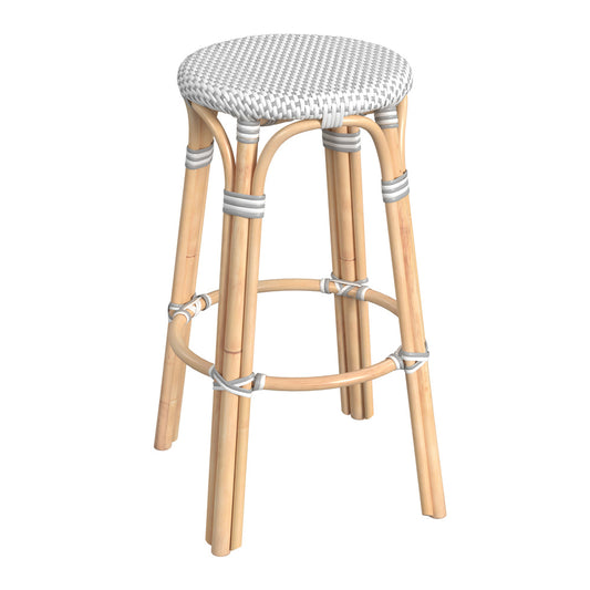 Butler Specialty Company - Tobias 30 in. Seat Height Rattan Round Backless Bar Height Stool with Footrest, White/Gray Dot - 9370329