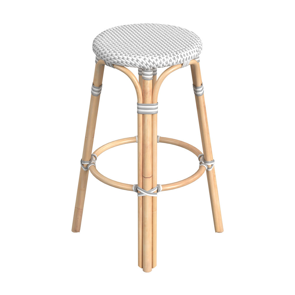 Butler Specialty Company - Tobias 30 in. Seat Height Rattan Round Backless Bar Height Stool with Footrest, White/Gray Dot - 9370329