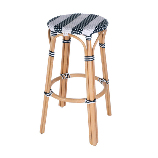 Butler Specialty Company - Tobias 30 in. Seat Height Rattan Round Backless Bar Height Stool with Footrest, White/Navy Stripe - 9370291