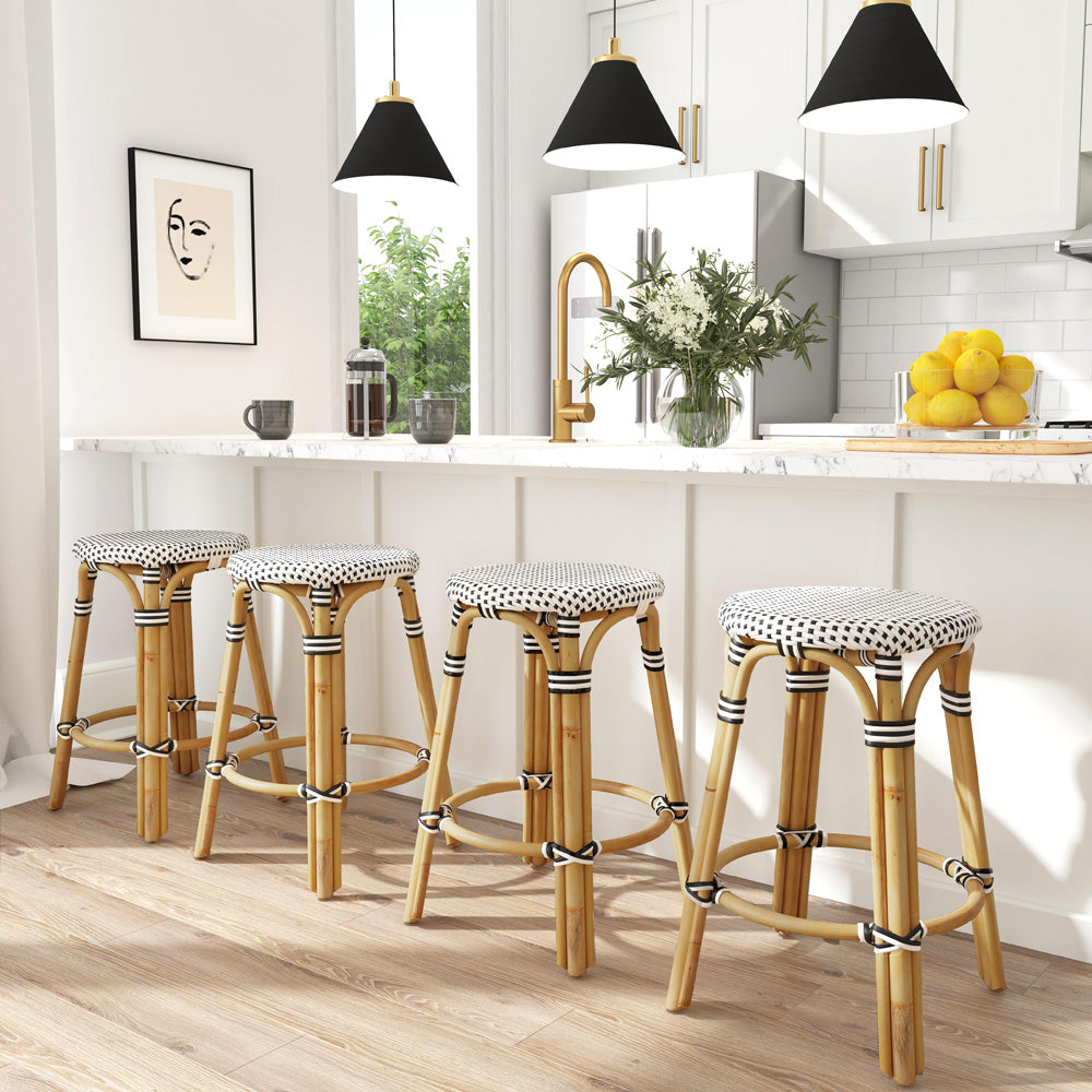 Butler Specialty Company - Tobias 24 in. Seat Height Rattan Round Backless Counter Height Stool with Footrest, Black/White Dot - 9371295