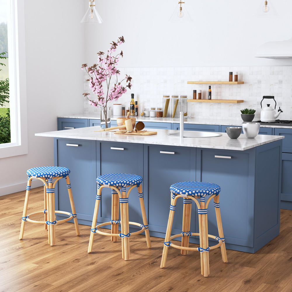Butler Specialty Company - Tobias 24 in. Seat Height Rattan Round Backless Counter Height Stool with Footrest, Blue/White Dot - 9371303