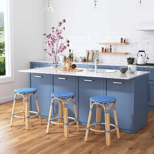Butler Specialty Company - Tobias 24 in. Seat Height Rattan Round Backless Counter Height Stool with Footrest, Blue/White Dot - 9371303