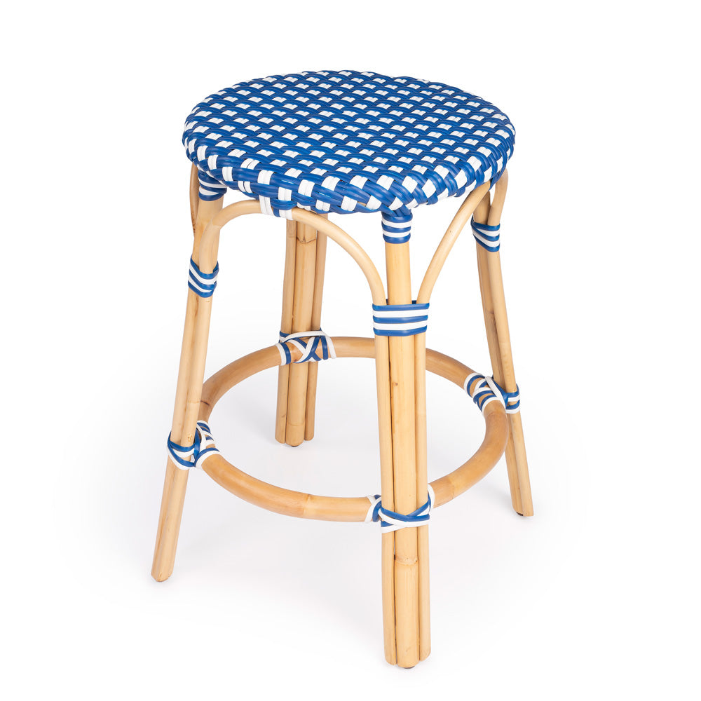 Butler Specialty Company - Tobias 24 in. Seat Height Rattan Round Backless Counter Height Stool with Footrest, Blue/White Dot - 9371303