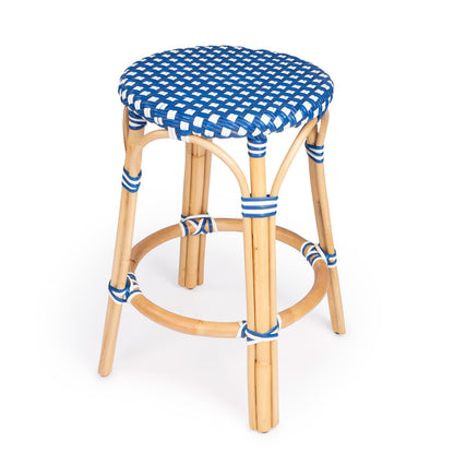 Butler Specialty Company - Tobias 24 in. Seat Height Rattan Round Backless Counter Height Stool with Footrest, Blue/White Dot - 9371303