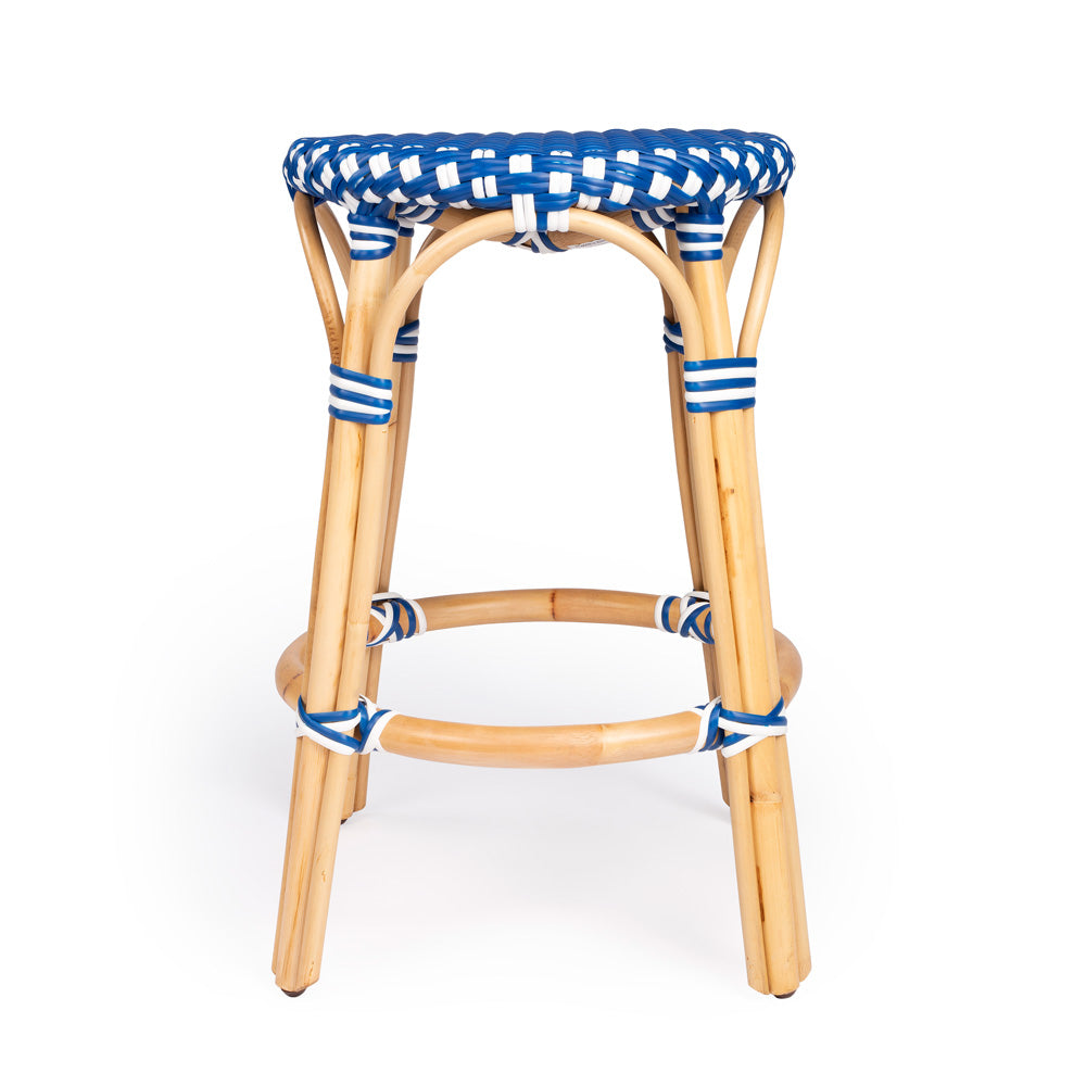 Butler Specialty Company - Tobias 24 in. Seat Height Rattan Round Backless Counter Height Stool with Footrest, Blue/White Dot - 9371303