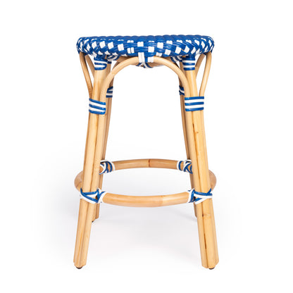 Butler Specialty Company - Tobias 24 in. Seat Height Rattan Round Backless Counter Height Stool with Footrest, Blue/White Dot - 9371303