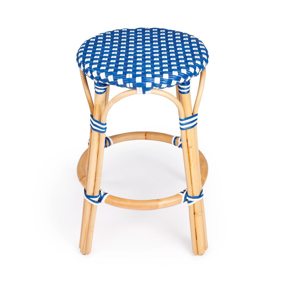 Butler Specialty Company - Tobias 24 in. Seat Height Rattan Round Backless Counter Height Stool with Footrest, Blue/White Dot - 9371303