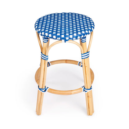 Butler Specialty Company - Tobias 24 in. Seat Height Rattan Round Backless Counter Height Stool with Footrest, Blue/White Dot - 9371303