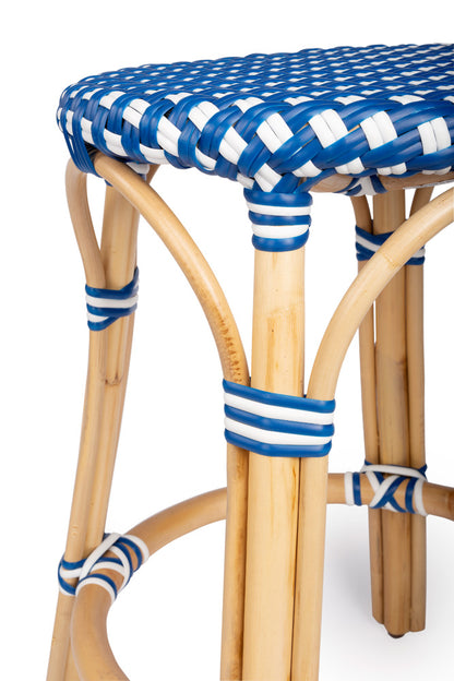 Butler Specialty Company - Tobias 24 in. Seat Height Rattan Round Backless Counter Height Stool with Footrest, Blue/White Dot - 9371303