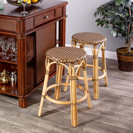 Butler Specialty Company - Tobias 24 in. Seat Height Rattan Round Backless Counter Height Stool with Footrest, Brown/Tan Dot - 9371354