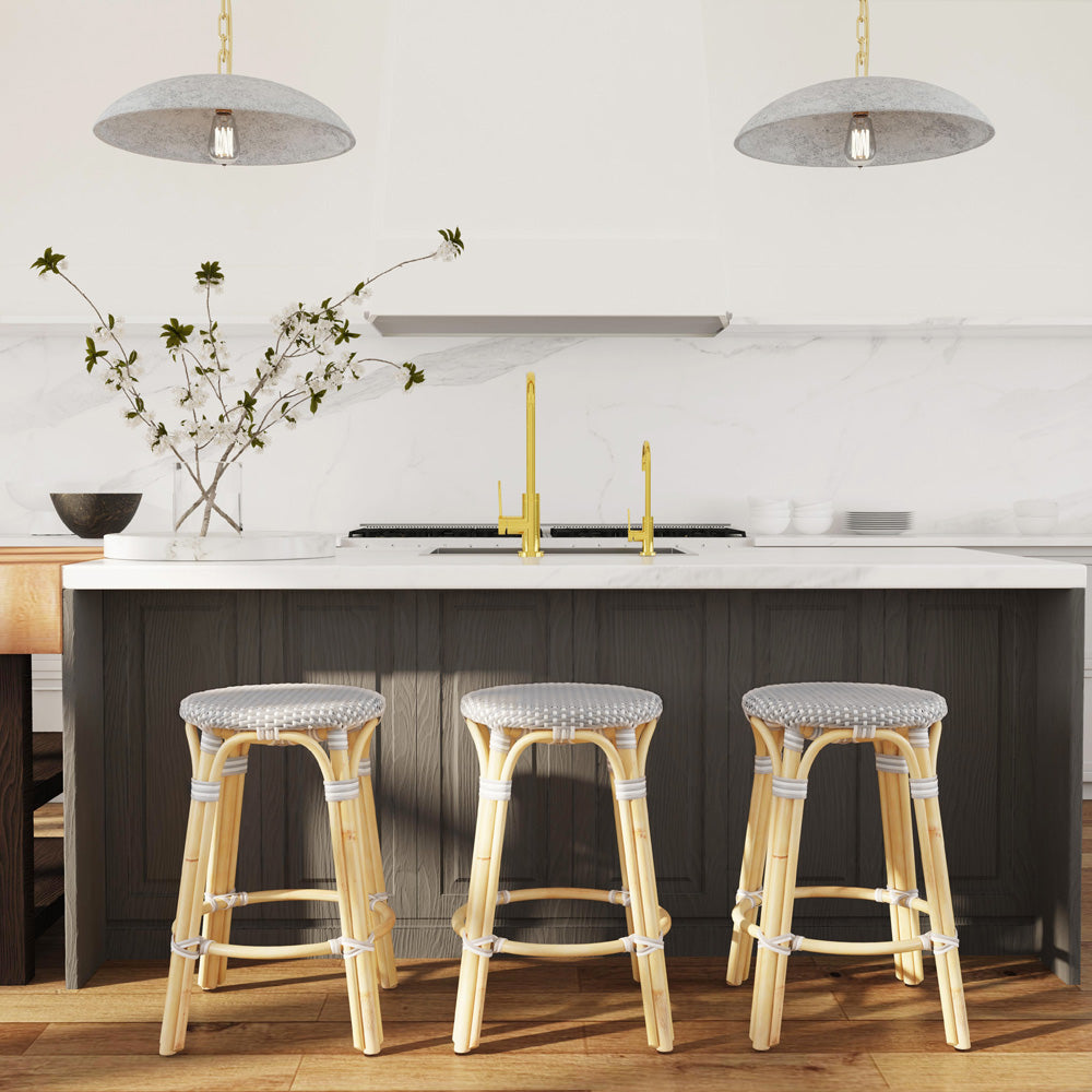 Butler Specialty Company - Tobias 24 in. Seat Height Rattan Round Backless Counter Height Stool with Footrest, Gray/White Dot - 9371266